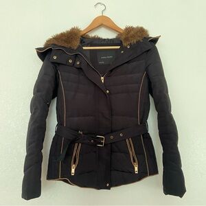 Zara Black & Gold Puffer Jacket with Brown Faux Fur